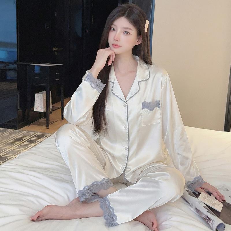 Ice Silk Pajamas Women'S Spring Thin Long-Sleeved Two-Piece Set, Sweet And Cool Loungewear Can Be Worn Outside