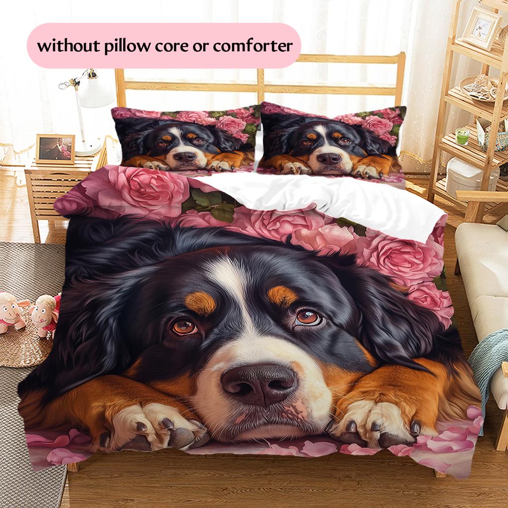 Bernese Mountain Dog and Rose Pattern Bedding Home Decoration Birthday Gift (1 * duvet cover + 2 * pillowcase, without core)