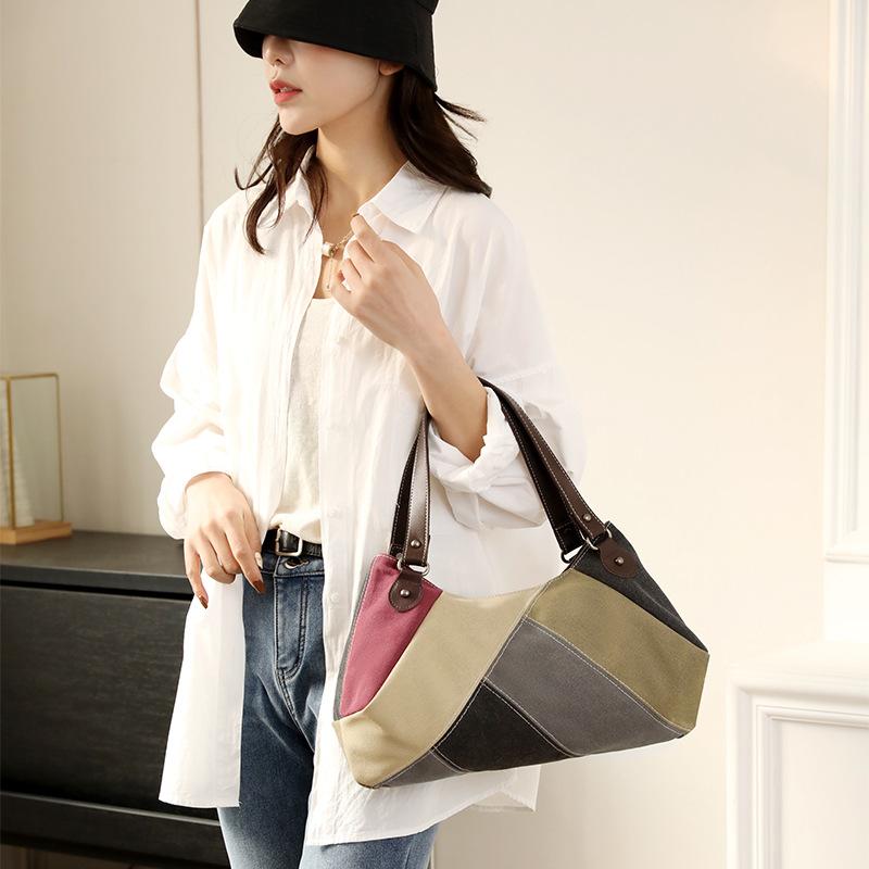 Women's Canvas Bag Color Contrast Shoulder Bag Bag Stitching