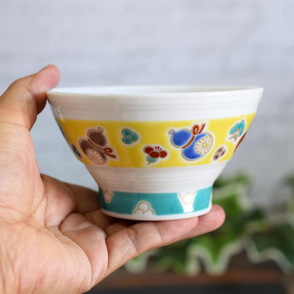 Waza no Kura Kutani Ware Sendan Rice Bowl with Six Gourds (Mubyō) - Stylish Japanese Tableware, Perfect for 60th Birthdays, Gifts