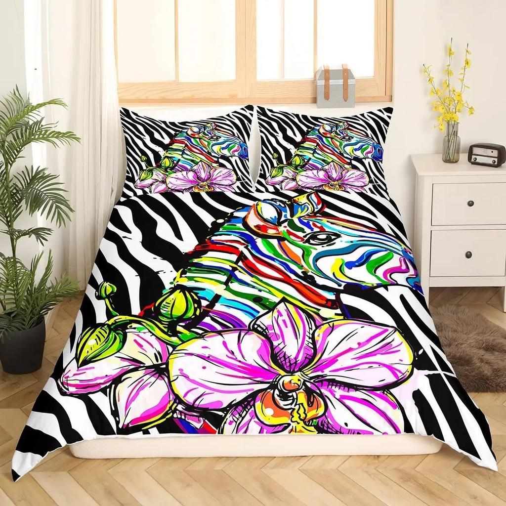 Zebra Duvet Cover Set King Queen Size Polyester Comforter Cover Black And White Stripe Wild Animals For Kids Teens Bedding Set