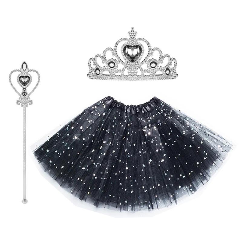 3 Pcs/Set Kids Princess Costume Accessories Crowns 3 Layers Tutu Skirt Magics Wand Ballet Skirt for Halloween Party