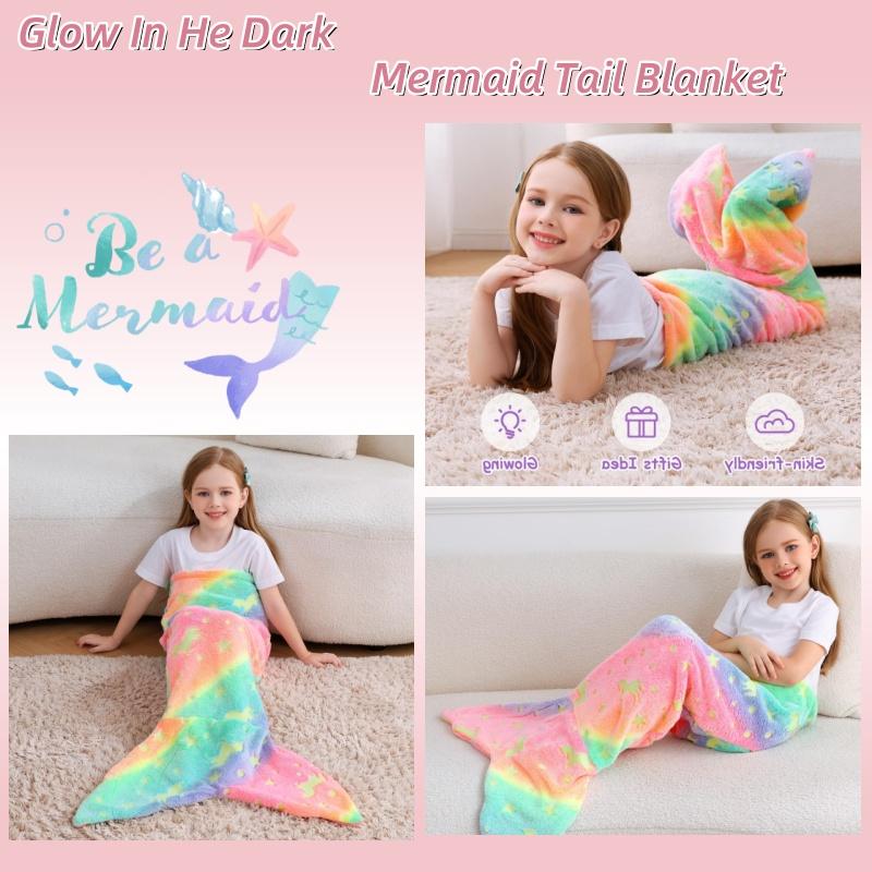 New Night Glow Mermaid Tail Blanket Soft Flannel Wearable Cute Blankets Gifts for Girls All Seasons Beautiful Rainbow Blanket
