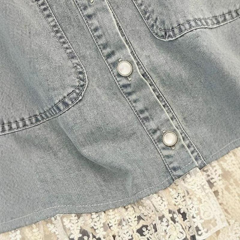 Women's Vintage Light Blue Denim Lace Trim Button Down Top