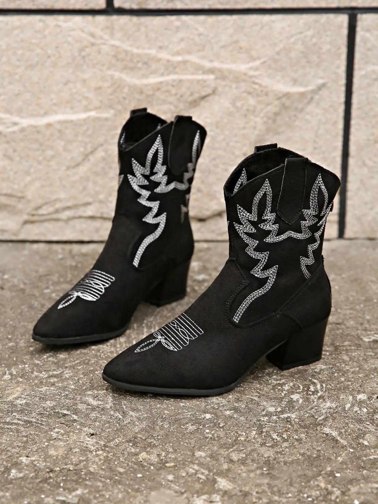 

Женские джинсовые ботинки, туфли с острыми каблуками, вышитые джинсовые ботинки, широкие ботинки в стиле вестерн, ботильоны 35 чёрный