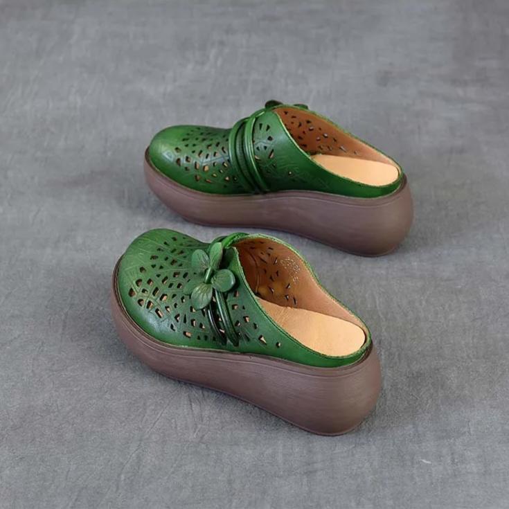 Johnature Ethnic Style Flower Wedges Slippers Genuine Leather Hollow Retro Outdoor Women's Sandals