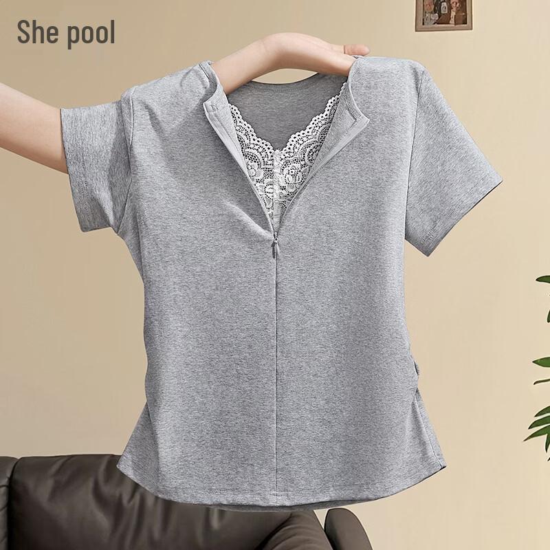 Women s Lace Splicing Fake Two-Piece Short Sleeve T-Shirt L