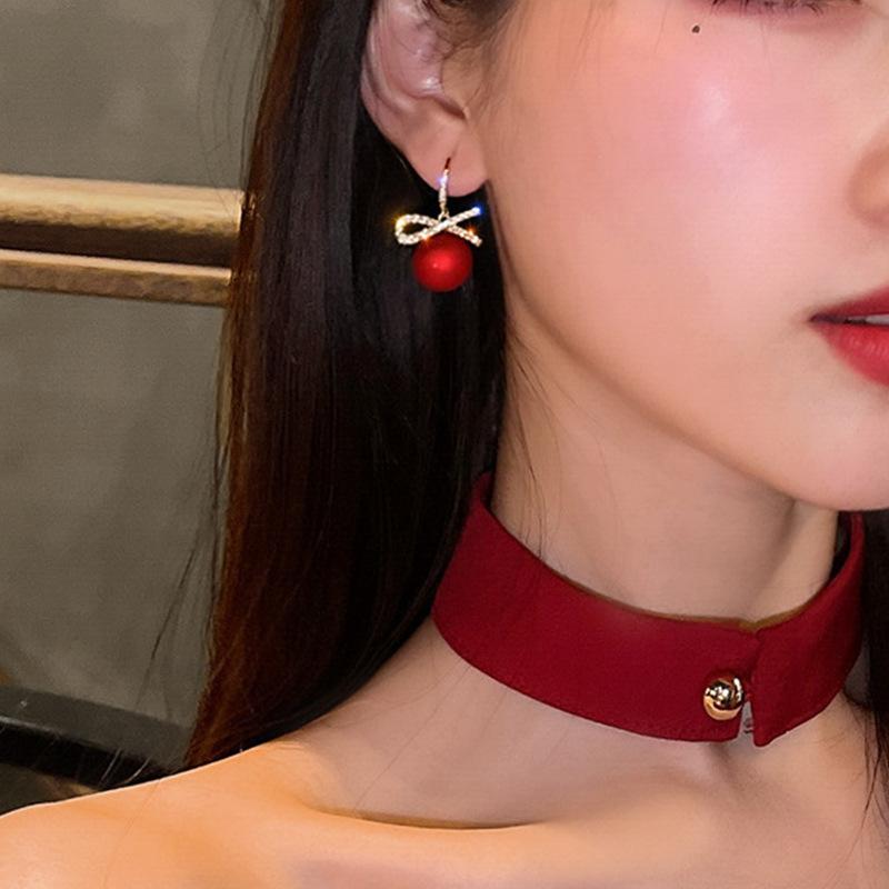 Luxury Gold Color Zircon Bow Stud Earrings For Women Pearl Cherries Fruit Red Festive Earring Girls Christmas Jewelry Gifts