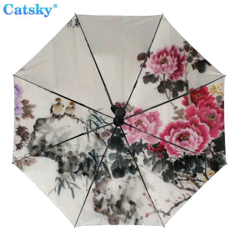 

Полностью автоматический трехстворчатый складной зонт с китайской росписью и черным покрытием, анти-УФ-защита от солнца, женский зонтик от дождя