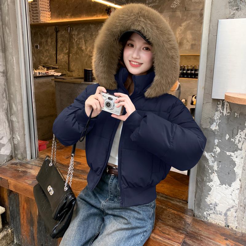 

Winter Women s Super Short Hooded Loose Big Fur Collar Thickened Cotton Clothes Korean Version S темно-синий