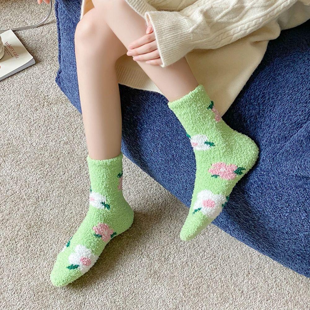 Female Hosiery Coral Velvet Socks Plush Sleeping Socks Comfortable Flower Pattern Socks  Thicken