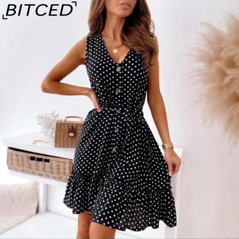 

BITCED Жіноча повсякденна сукня з рюшами та подолом, дихаюча, з V-подібним вирізом, вільна сукня S чорний