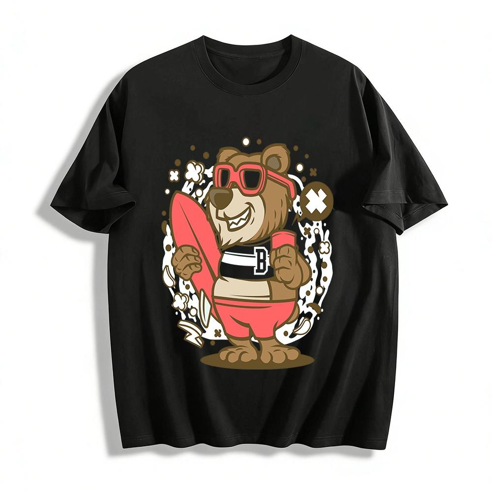 Cool Surfing Bear Print T-Shirt Casual Vacation Style Unisex Top Pure cotton T-shirt XXS