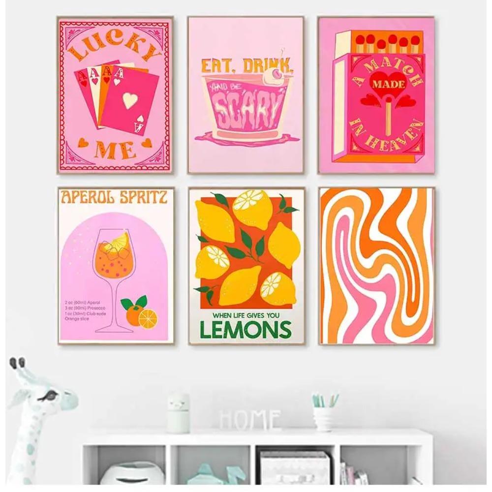 Pink Strawberry Lemon Card Cocktails Drink Posters Retro Canvas Painting Living Room Corridor Wall Art Picture Kitchen Bar Decor
