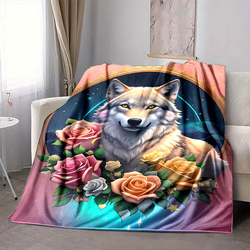 1pc Wolf Roses Blanket, Lightweight Flannel Fleece with Digital Printing, Soft Warm for Sofa, Travel, Camping, Office, Couch, Chair, and Bed, All-Seas