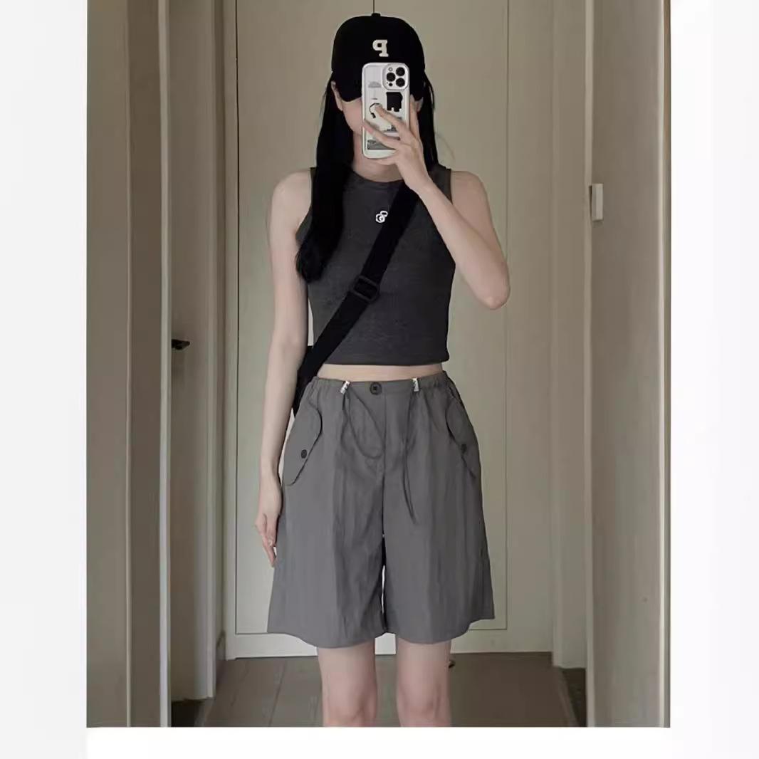 

Летние тонкие серые рабочие шорты для женщин с высокой талией, повседневный прямой дизайн, быстросохнущие американские шорты с пятью точками 4XL серый