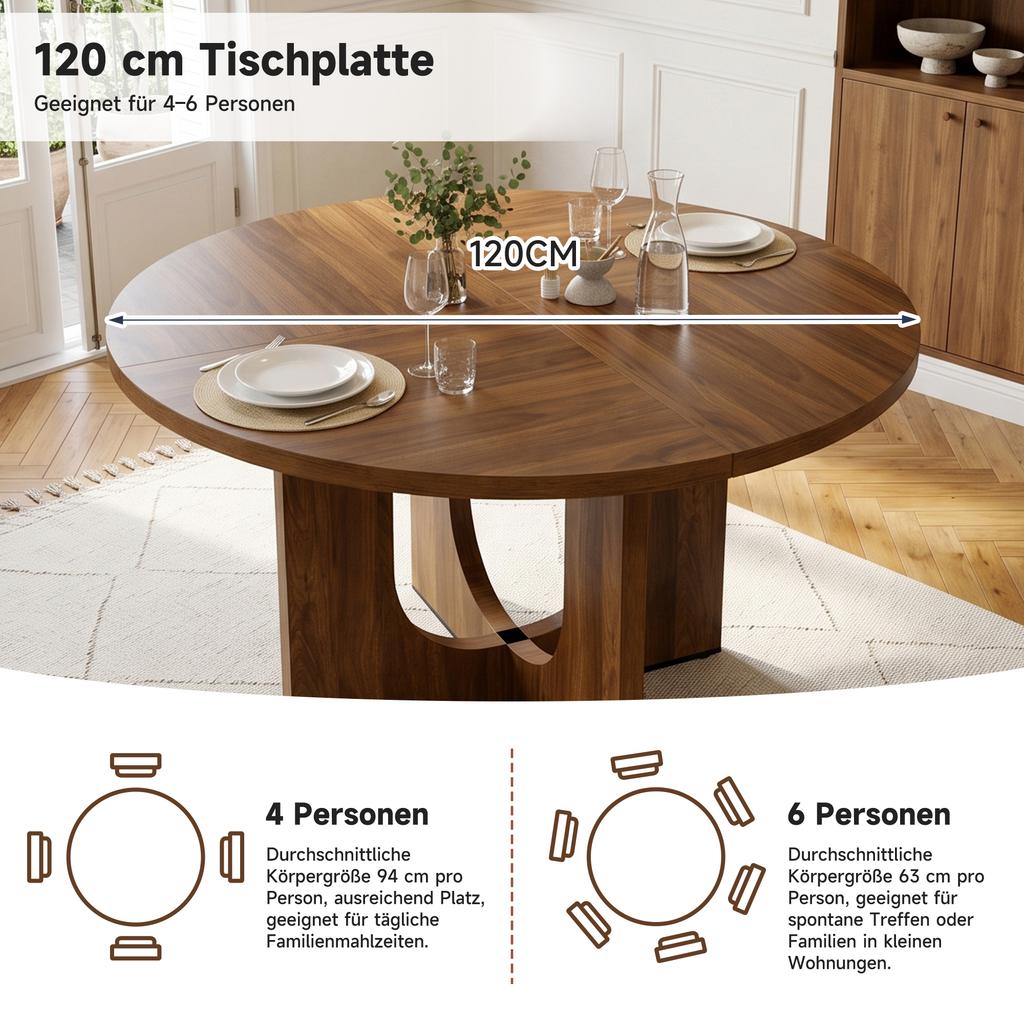 Round Dining Table, 120 x 120 cm, Suitable for 4-6 People, Classic Design, Scandinavian-Minimalist Style, Walnut Wood Color (without chair)