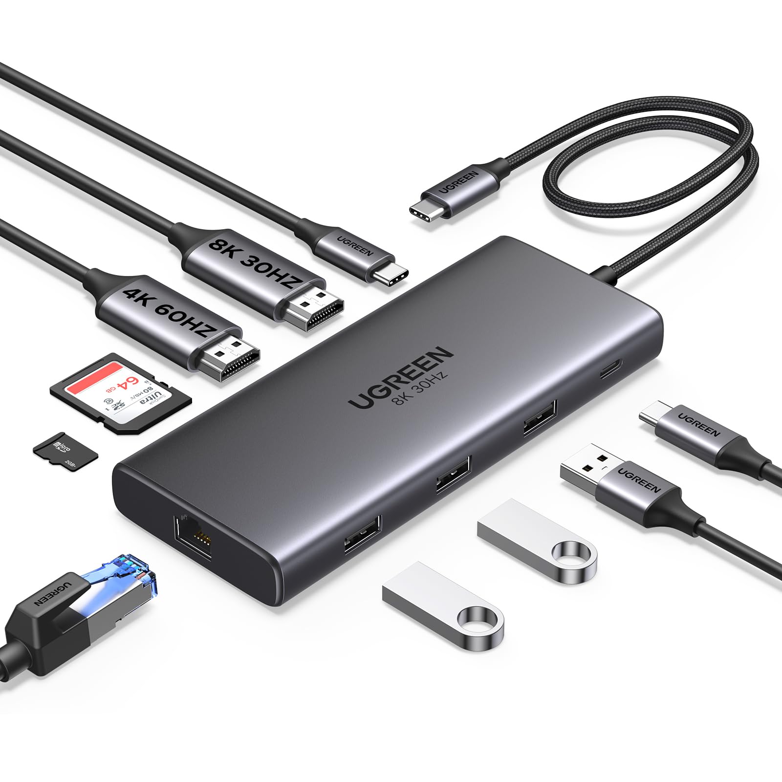 

Док-станция UGREEN Revodok Pro 210 с двумя портами HDMI и одним портом USB 3.0 5 Гбит/с, быстрой зарядкой PD 100 Вт, гигабитным Ethernet, слотами для карт Micro SD и TF серый