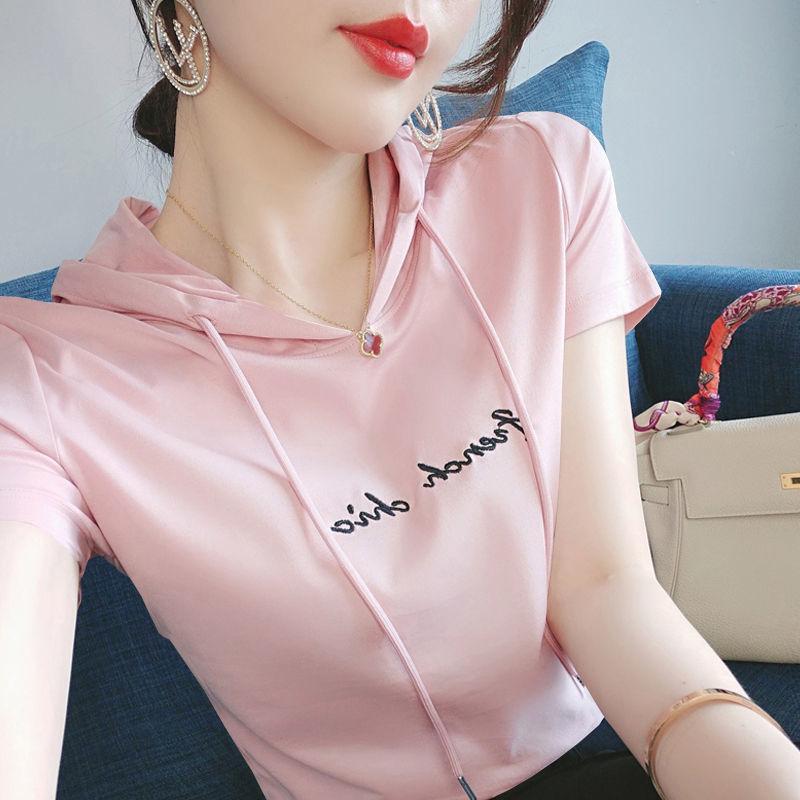 Women's Hooded Short Sleeve T-Shirt Loose Fit Casual Pullover Letter Print Summer Fashion Top