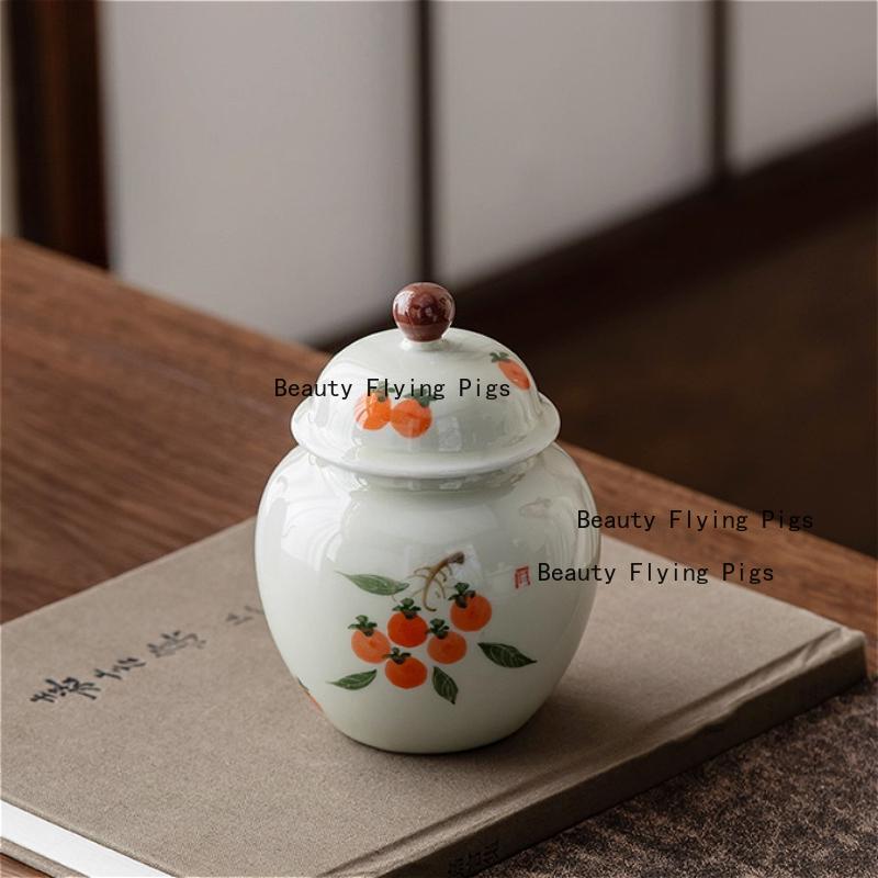 1pc Ceramic Tea Storage Jar Chinese Moisture-proof Sealed Jar Tea Box with Lid Hand Drawn Storage Container Household Items