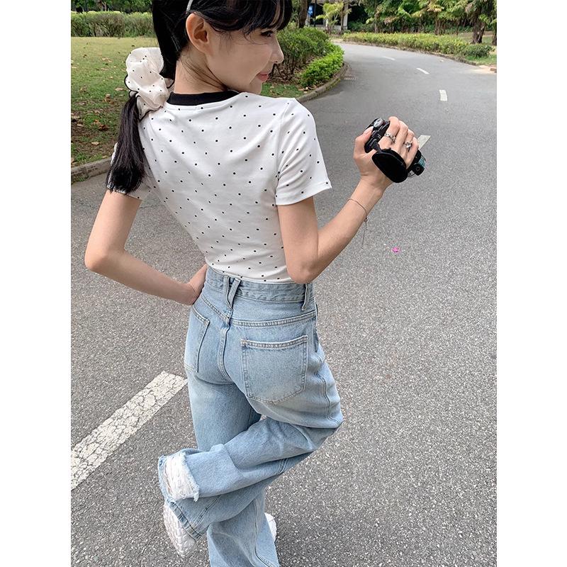 Spring/Summer 2024 Light Ripped High-Waist Wide-Leg Jeans for Women