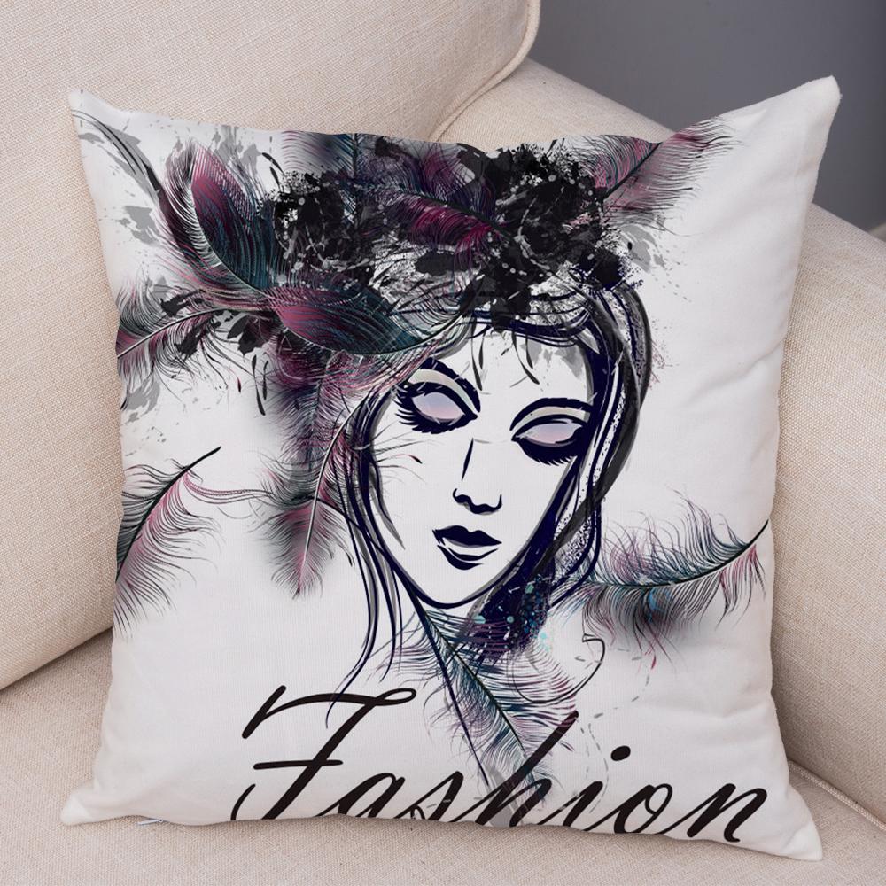 Boho Woman Art Pillowcase Double Print Fashion Lady Cushion Cover Soft Plush Portrait Pillowcase Bedroom Decor