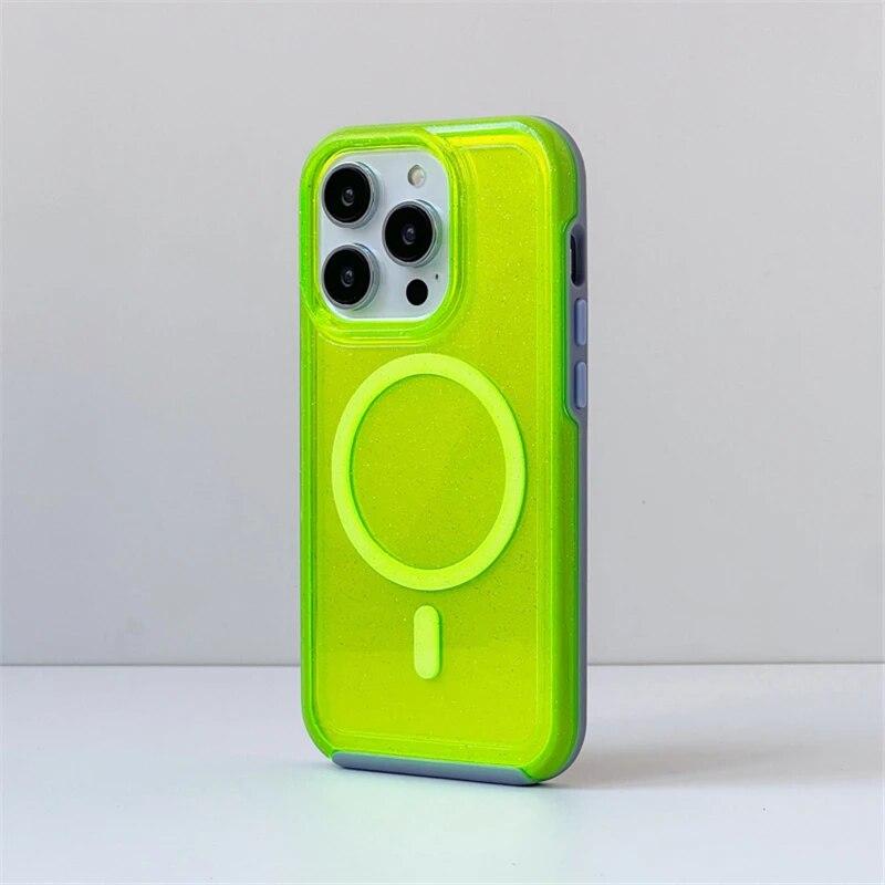 Fluorescenční třpytivé magnetické pouzdro pro IPhone 15 14 Pro Max 12 11 Pro Max Candy Transparentní silikonový nárazník pro bezdrátové nabíjení