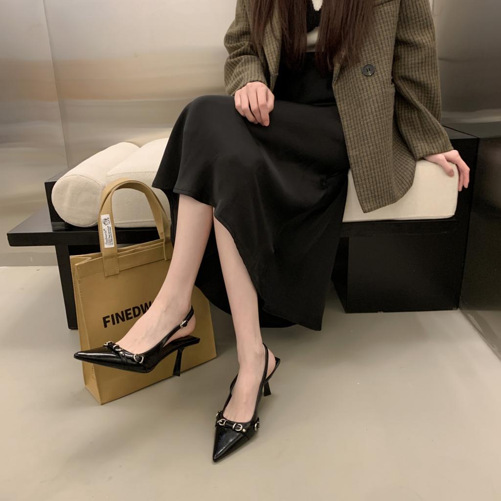 Baotou high-heeled sandals shallow mouth spring 2025 new rear empty thin heel temperament celebrity pointed single shoes women's shoes