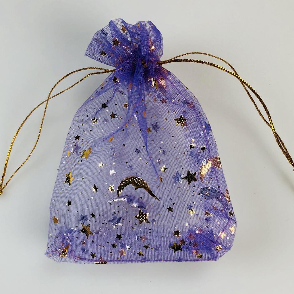 Organza Drawstring Gift Bags Star and Moon Gold Print Mesh Pouches for Jewelry Candy Favors