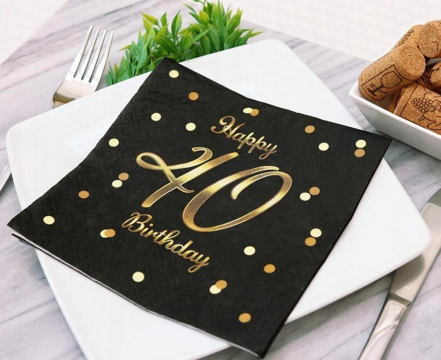 Napkins 40th Birthday Black Gold Happy Birthday Party 33X33Cm 20Pcs