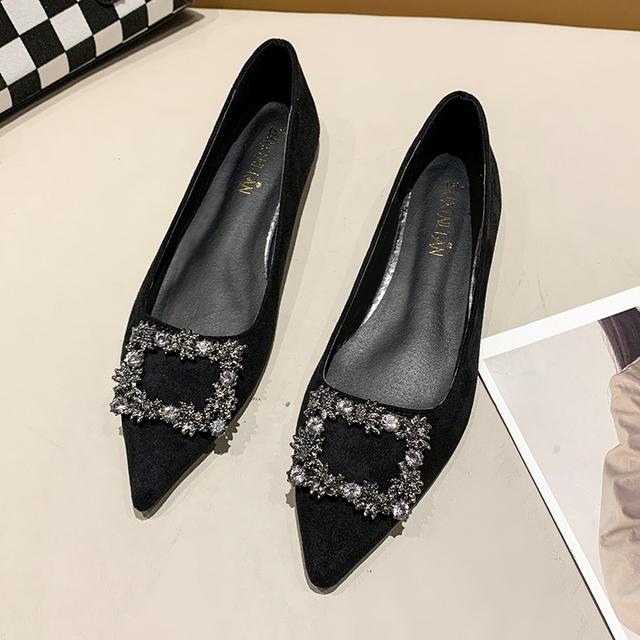 

Женские туфли-лодочки на плоской подошве с острым носком, туфли без шнуровки на плоской подошве с пуговицами и кристаллами, удобная женская обувь из искусственной замши, Zapatos Mujer 38 чёрный