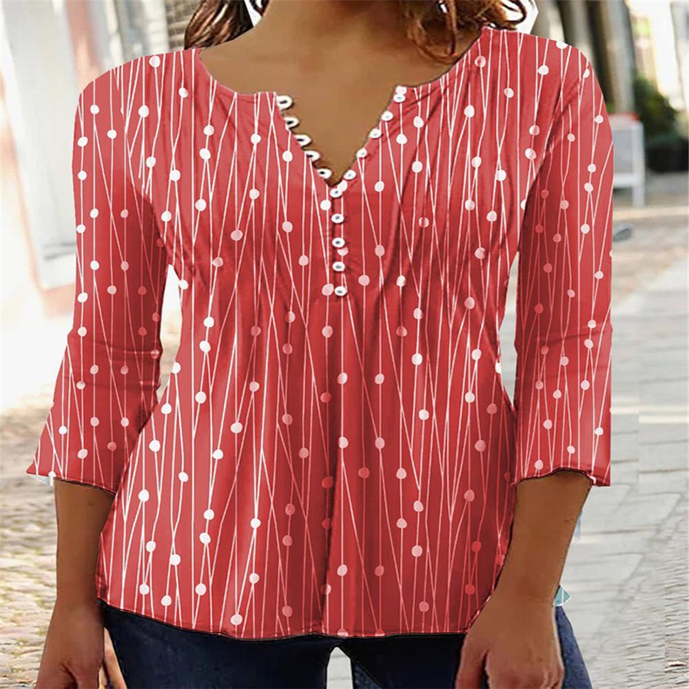 Spring Trendy V-neck Printed Long-sleeved Shirt Shirt Bottoming Shirt Top Women's Clothing