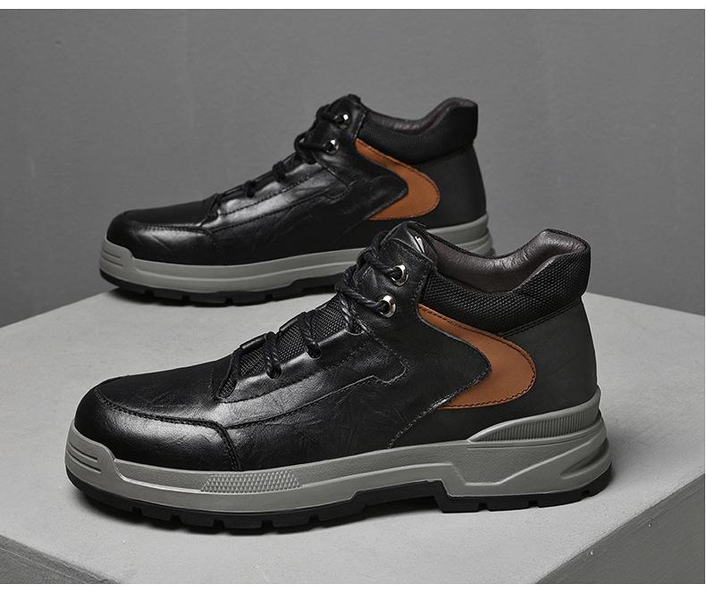 Men's Oversized Casual Leather Shoes - Autumn/Winter, Thick Cotton, Youth Hiking and Outdoor Workwear Shoes