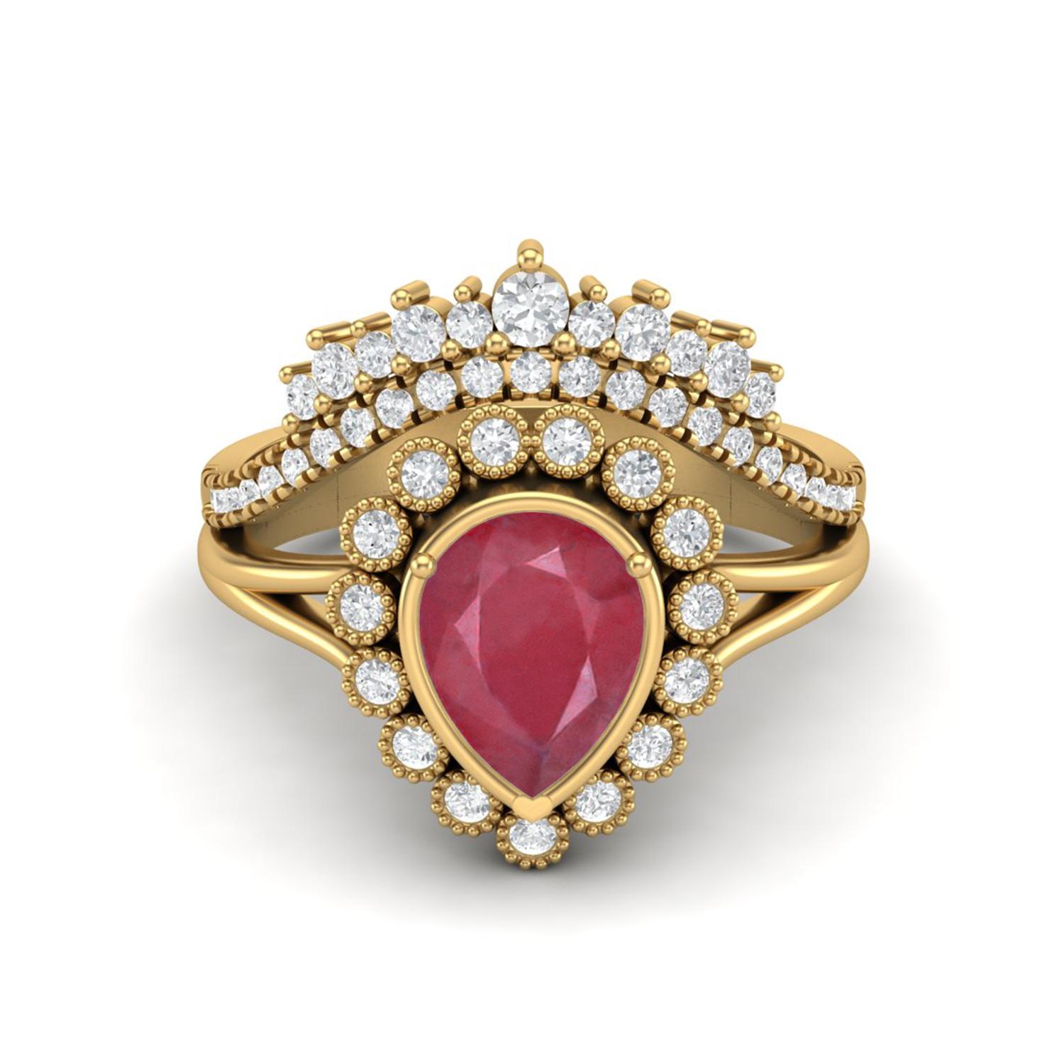 Tiara Ring 925 Sterling Silver Gold Vermeil 2.06 Cts Pear Shape Ruby Solitaire Wedding Crown Ring 5
