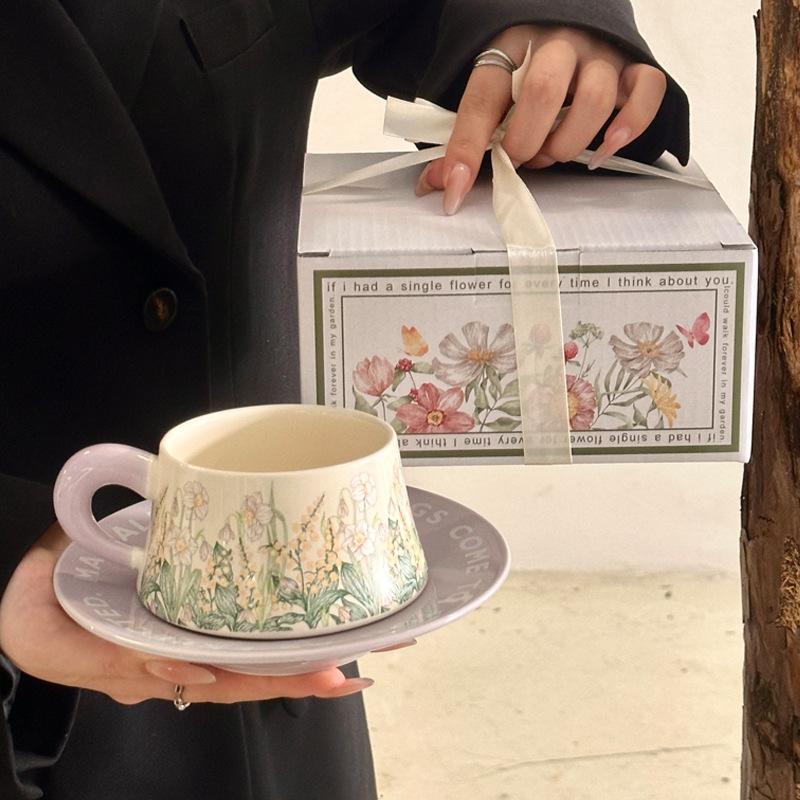 Green Lily of the Valley Mug Ceramic Coffee Cup Saucer Set Gift Box Girls Birthday Gift Mid-Autumn Festival Souvenir