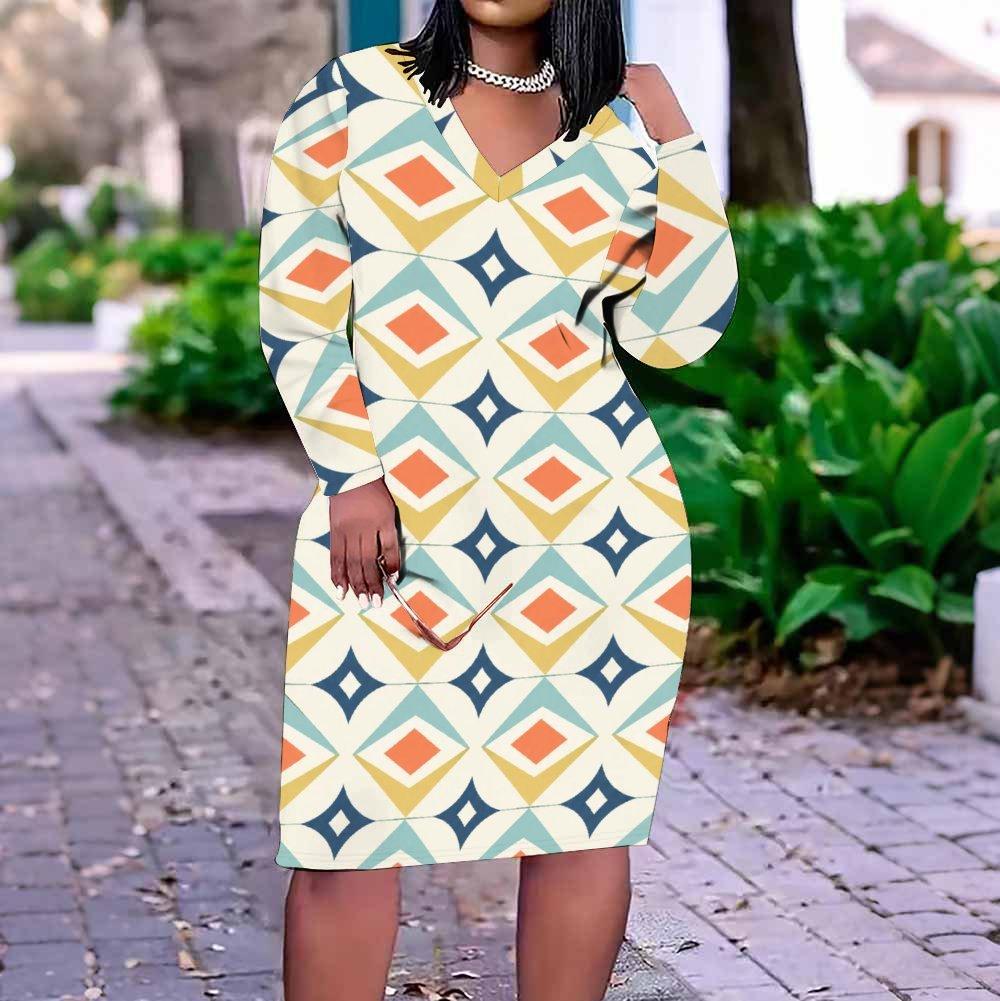 Women Plus Size V Neck Long Sleeve Fitted Printed Straight Midi Dress