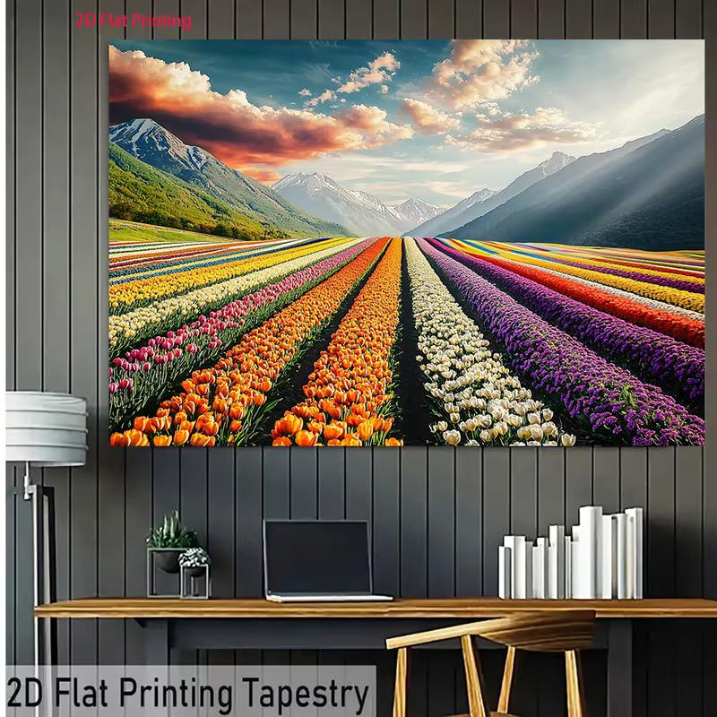 2D Spring Nature Tulip Farm Backdrop Scenic Mountain Landscape Party Photo Booth Cloth