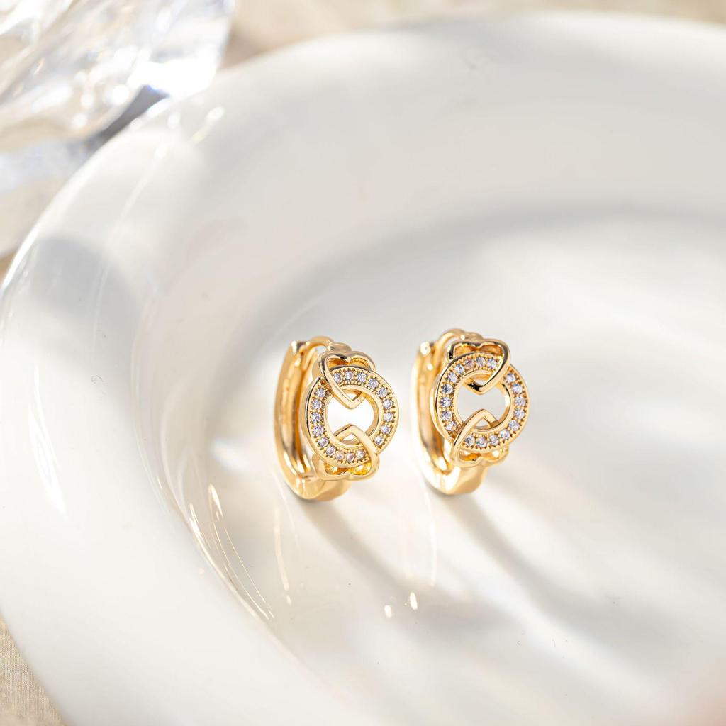 Exquisite Korean Style Double Heart Hoop Earrings with Micro-set Diamonds
