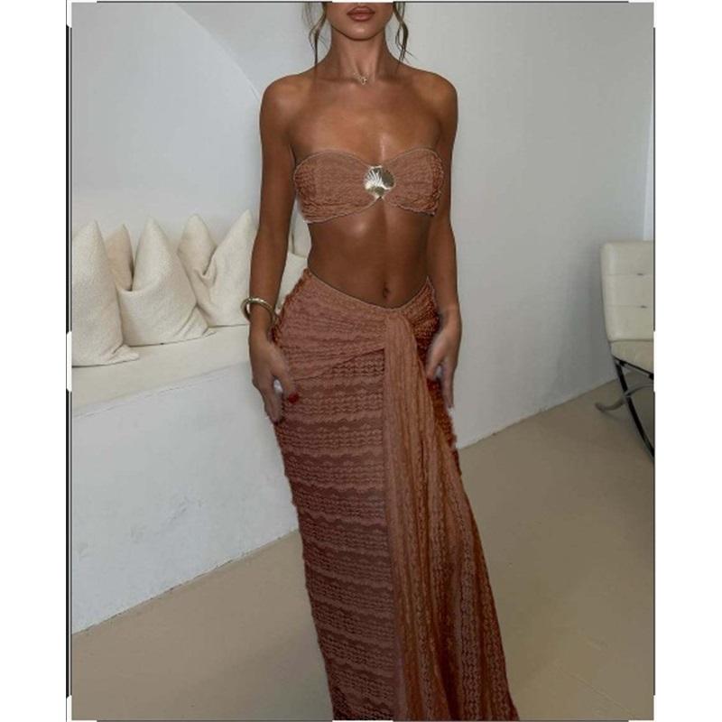 Lace Jacquard Vacation Seaside Casual Sexy Cool Solid Color Swimsuit Sleeveless Two-piece Suit