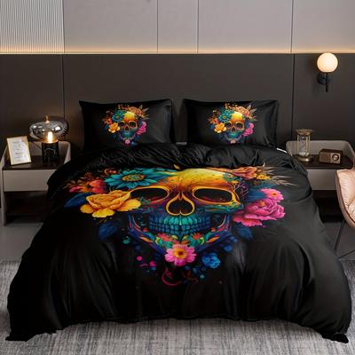 Goth Skull Floral Print Bedding Set Soft Comfortable Duvet Cover For Bedroom Guest Room 1*Duvet Cover + 2*Pillowcase
