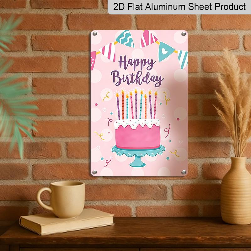 2D Flat, 1pc Pink "Happy Birthday" Cake Metal Wall Art Sign - 8*12 Inch Aluminium Cute Birthday Party Decor, Colorful Candle & Banner Plaque, Perfect