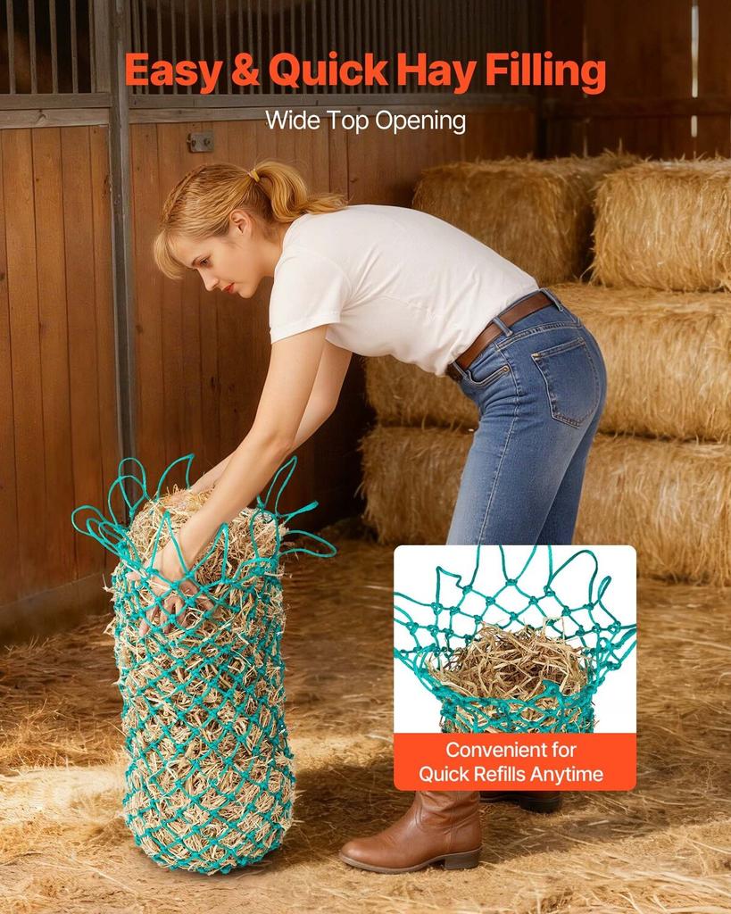 Hay Nets for Horses, 4PCS, 0.9 m Extended Length, 38 x 38 mm Holes, PE Material, with Four Carabiner Hooks, Hanging Slow Feed Hay Nets for Horses,