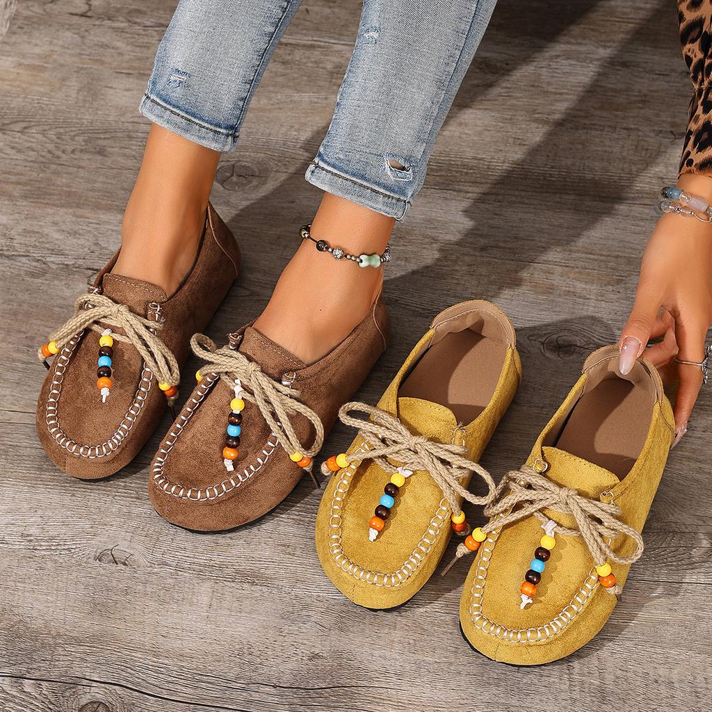 Large Size Lace-up Beaded Casual Shoes Autumn New Suede Retro Round Head