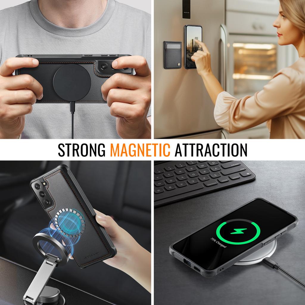 For Samsung Galaxy S22 5G Leather Back Cover Magnetic Case JEEHOOD J06 Phone Case with Card Bag RFID Blocking