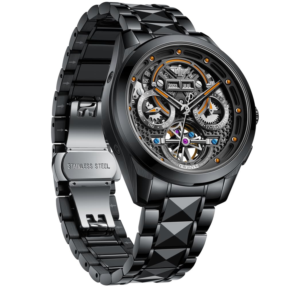 

Luxury Mechanical Skeleton Automatic Manual Winding Tungsten Steel Watch Stylish 50M Water Resistant Sapphire Glass Tungsten Band Luminous watch for помаранчевий