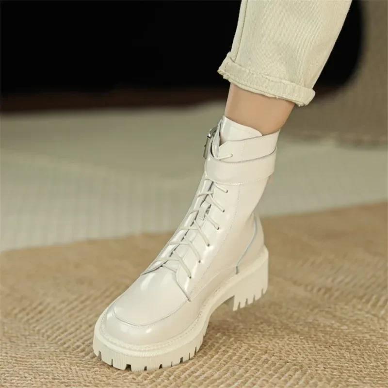 Fashion NEW Winter Women Boots Patent Leather Shoes for Women Round Toe Chunky Heel Shoes Wool Warm Snow Boots Platform Motorcycle Boots
