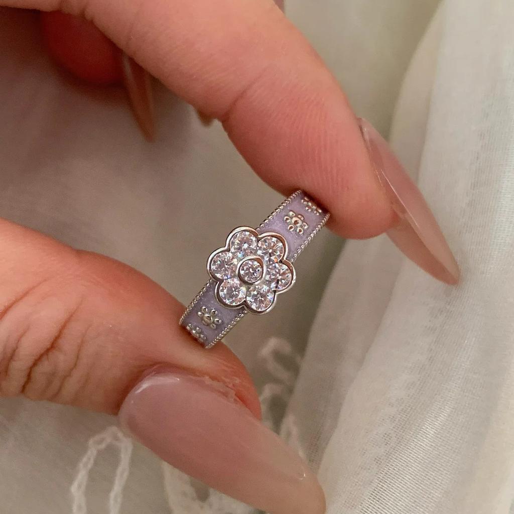 Light Luxury Temperament Oil Drop Enamel Taro Crape Myrtle Wreath Ring French Retro Diamond Drop Lavender Purple Ring