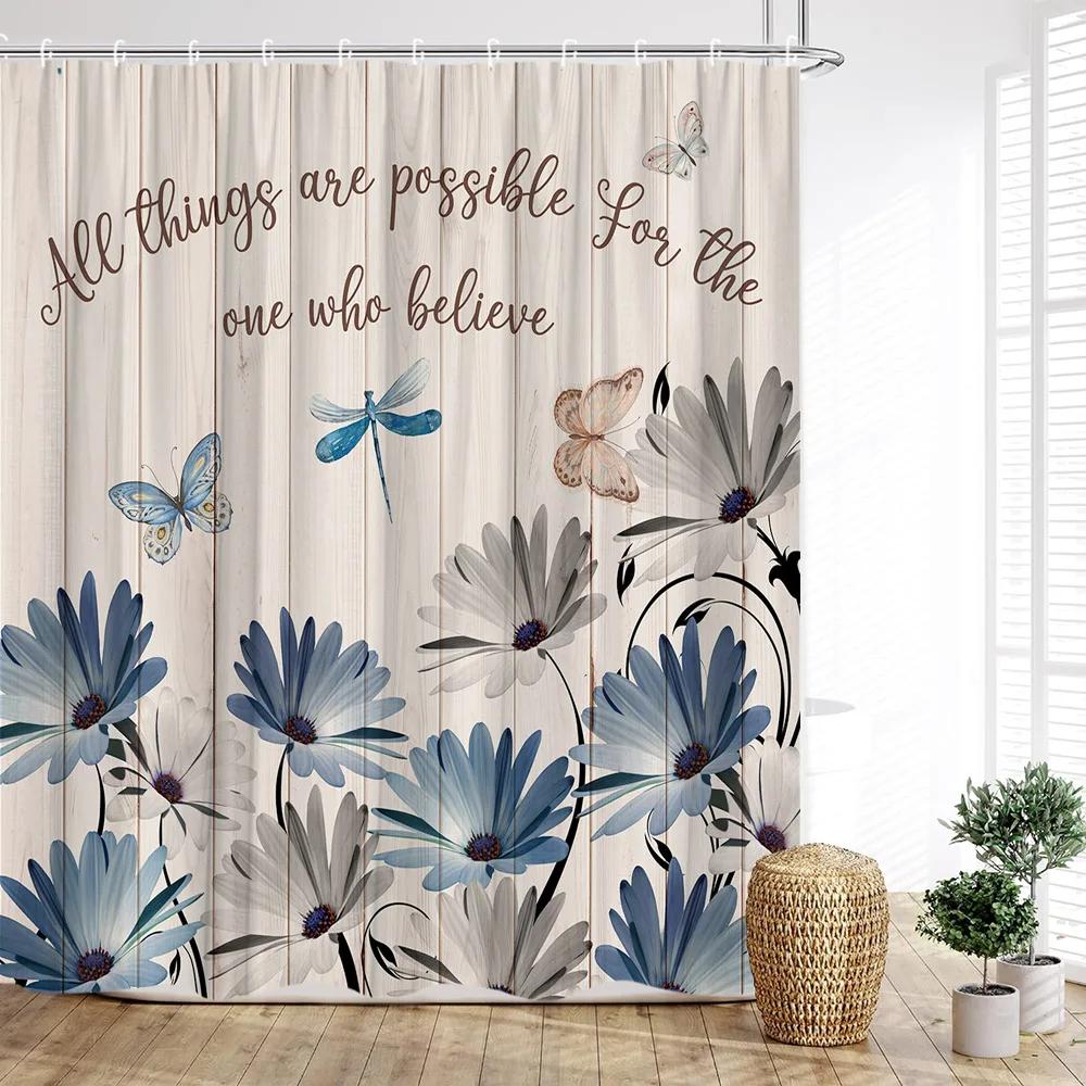 Floral Shower Curtain, Farm Daisy Dragonfly Rustic Wood Paneling Inspirational Quotes Butterfly Turquoise Home Bathroom Decor