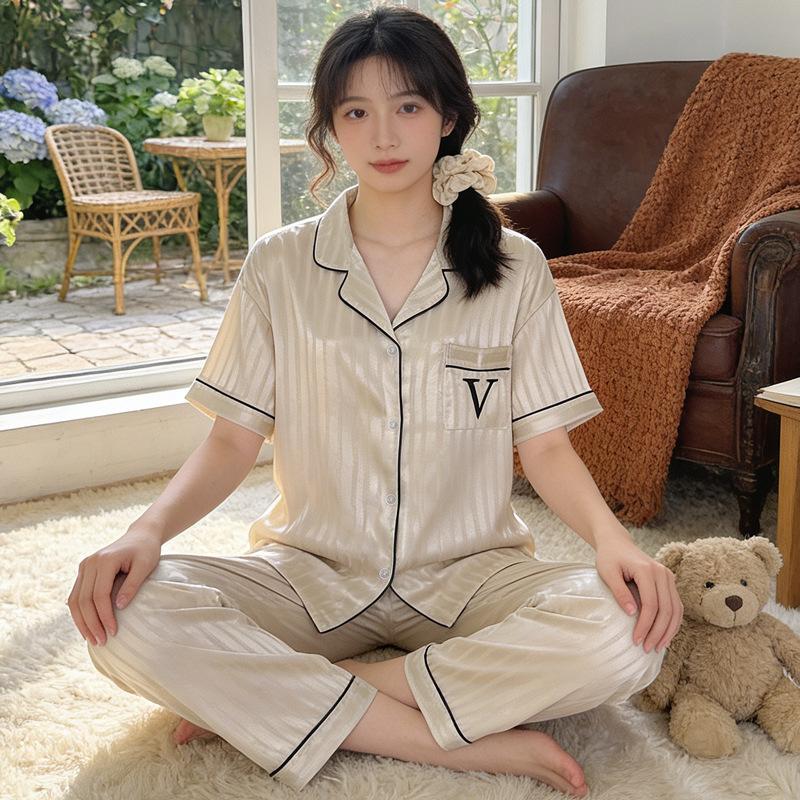 Light Luxury Style Ice Silk Girl Pajamas Summer Short Sleeves Trousers Cool Jacquard Lace Lace Loungewear