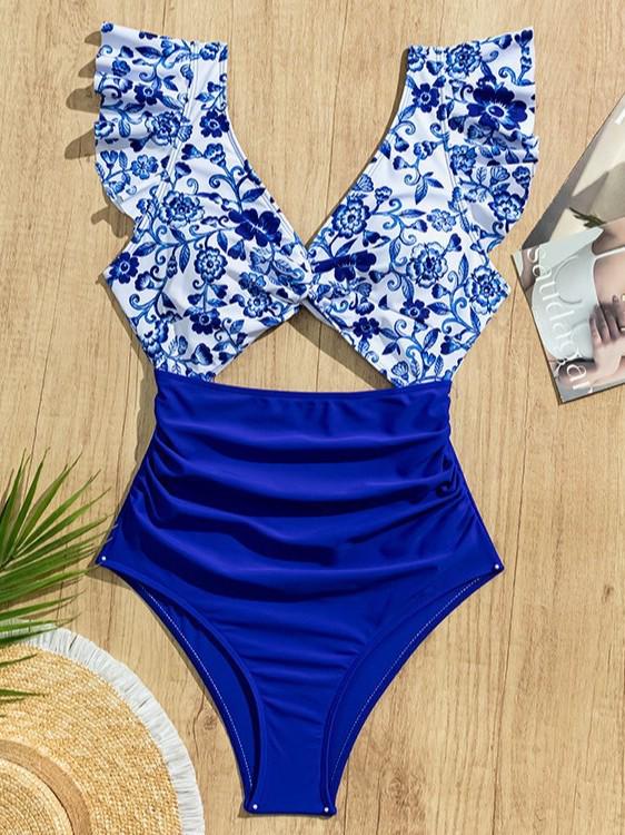 European & American Black Ruffle V-Neck Cut-out One-Piece Swimsuit for Women - Sexy, Slimming Beach Vacation Wear